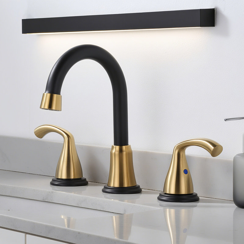 Widespread 2-handle Bathroom Faucet with Drain Assembly, Matte Black/Gold
