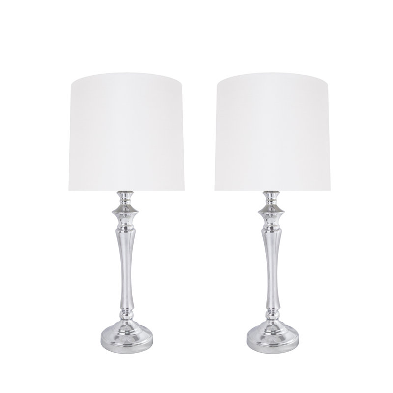 Encinal Chrome Finish Metal Table Lamp Set with White Drum Shade