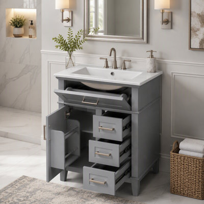 Meuble-lavabo de 24 po avec lavabo en céramique, structure en bois massif et armoire en panneau de fibres à densité moyenne, 1 porte, tiroir rabattable et 3 tiroirs, charnières à fermeture en douceur, tablette réglable, poignées argentées