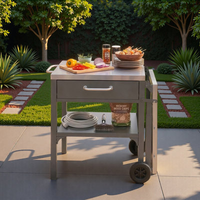 Outdoor Kitchen Island Grill Cart With Foldable Side Table, Stainless Steel Worktop, Open Storage Space And Metal Hooks