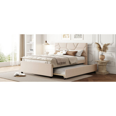 Lit plateforme tapissier beige en lin avec tête de lit à motif brique et gigogne gigogne extensible