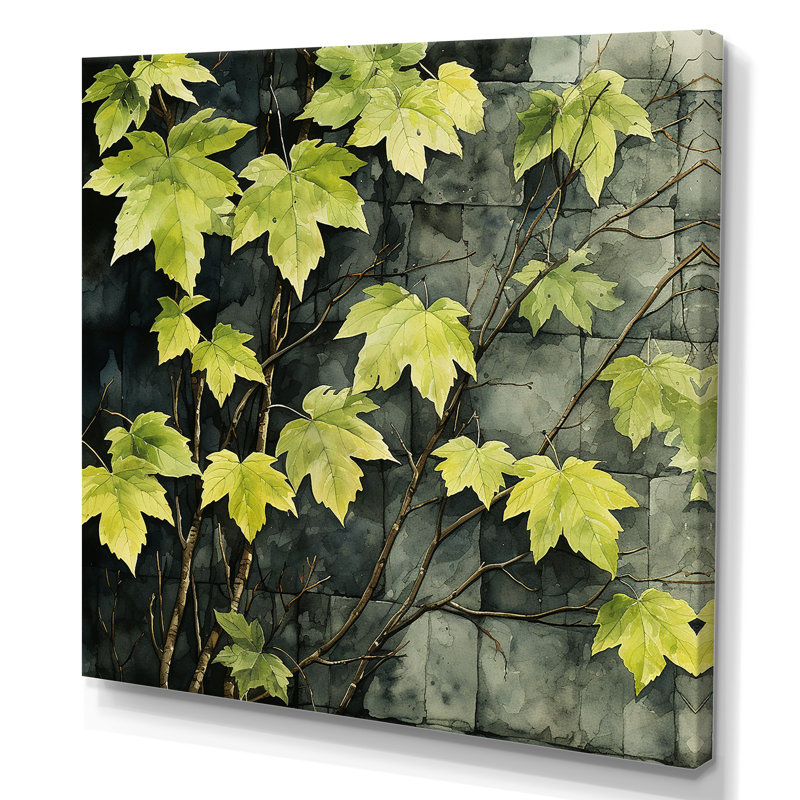 «Green Leaves Vine Minimalist Wall», art mural floral, H 36 po x l 36 po