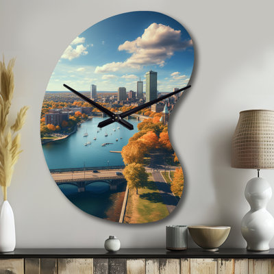 Boston Beautiful Cityscape Spot II - Boston Asymmetrical Metal Clock, Orange Unique Shape Wall Clock Print