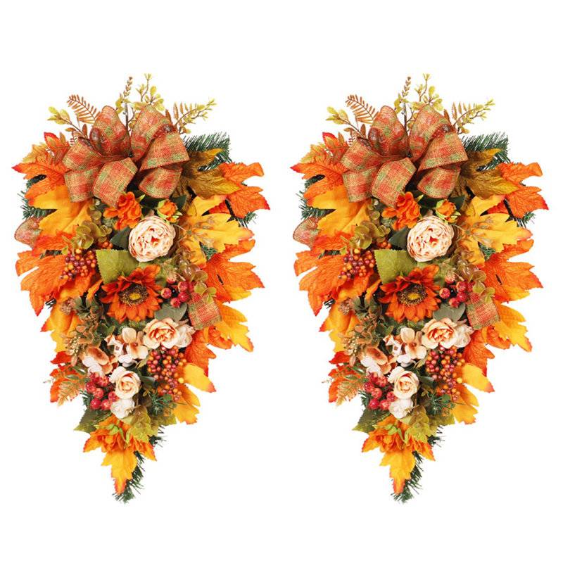 2PCS Fall Teardrop Hanging Wall Decoration, 21Inch Fall Harvest Swag With Maple Leaves,Berries And Green Leaves,Autumn Wreath For Front Door,Wall And Fireplace