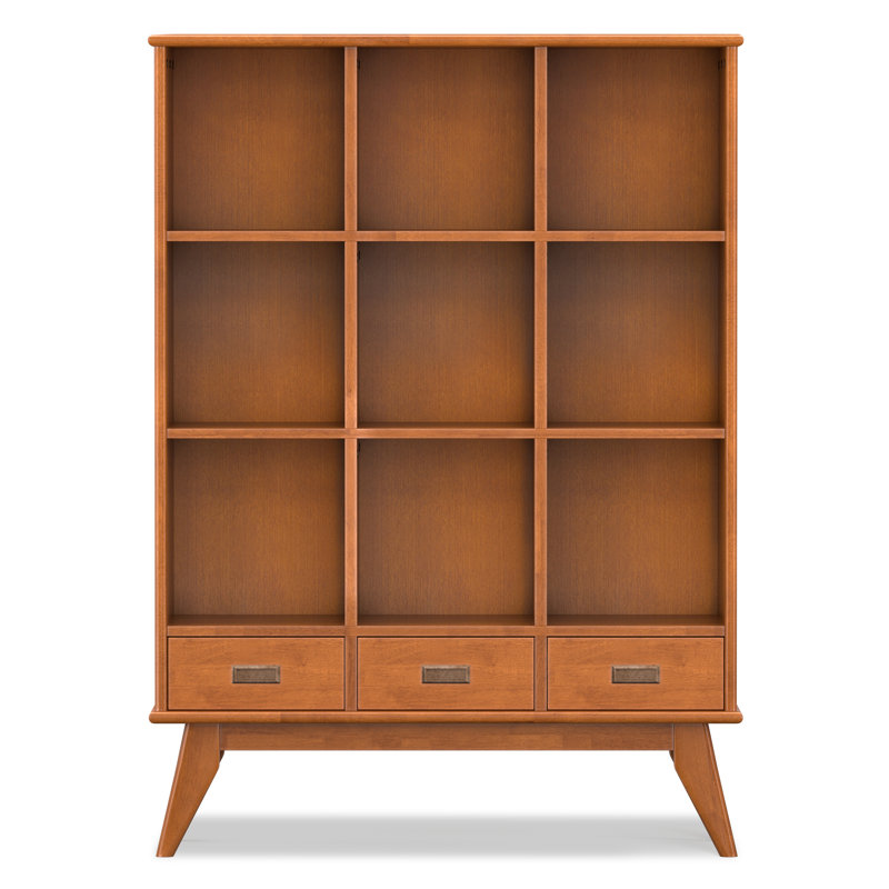 Draper 42"W Solid Wood Mid Century 9-Cube Storage Bookcase With 3 Drawers