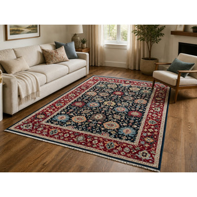 Tapis en laine fait à la main 8 x 10 pi. Tapis bleu marine et rouge à motif floral pour le salon