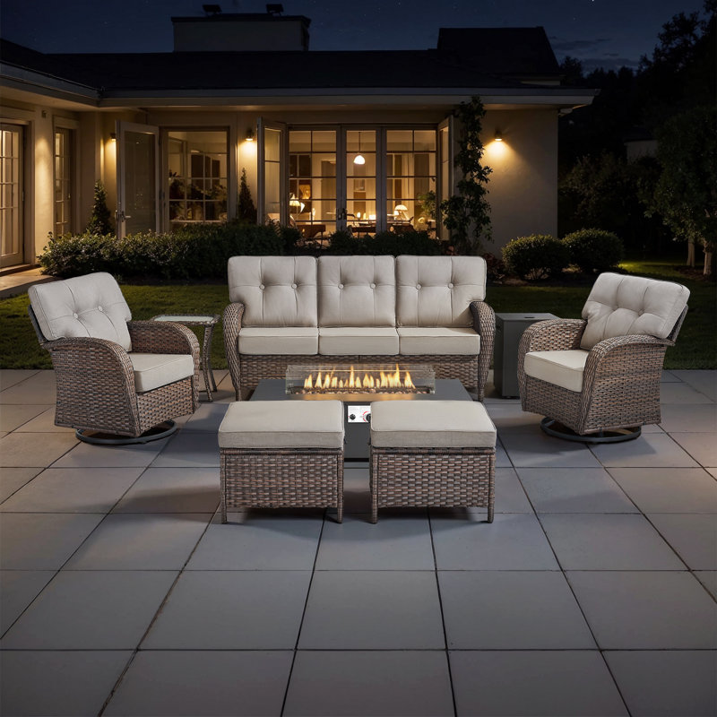 Agnes 5-7 Person Outdoor Wicker Patio T-Back Sofa Set With Fire Pit Table & Swivel Chairs, Beige