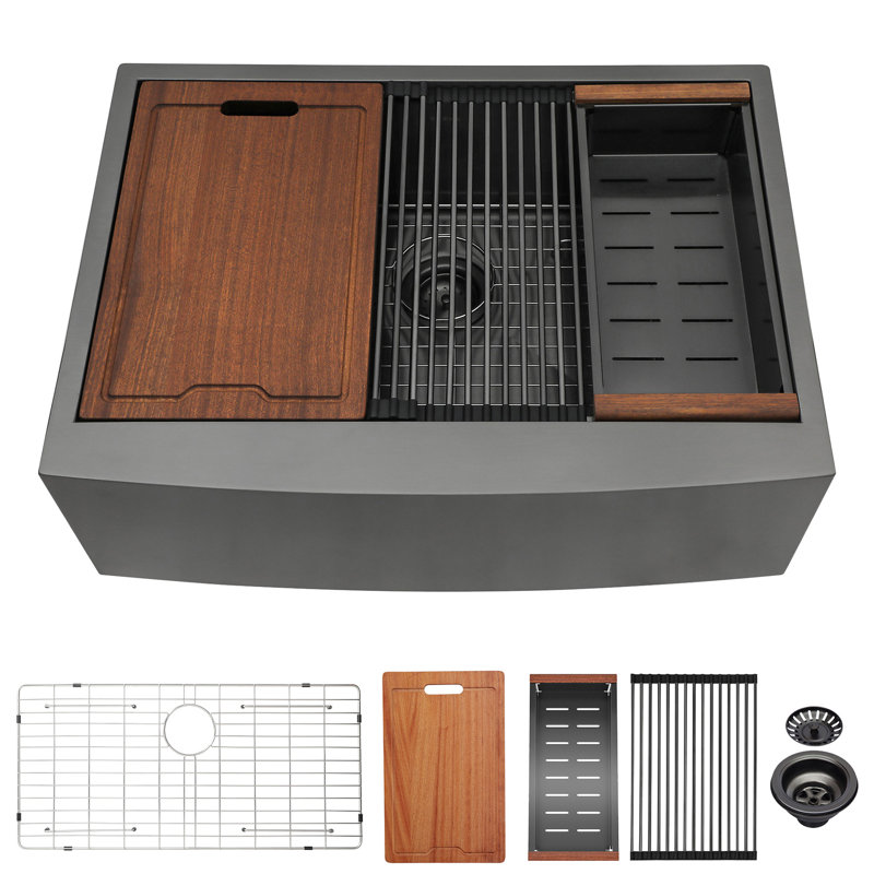 Évier de cuisine à tablier en acier inoxydable 33 po x 22 po x 10 po avec station de travail - noir mat et saleté, surface hygiénique facile à entretenir, nourriture