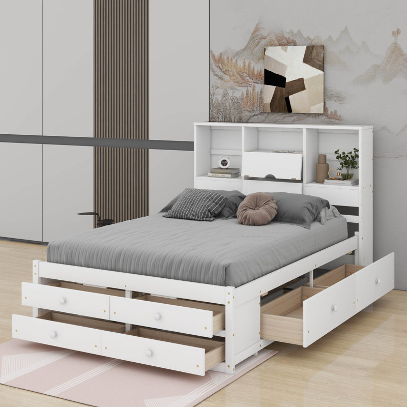 Grand lit plateforme avec tête de lit et tiroirs de rangement, Blanc