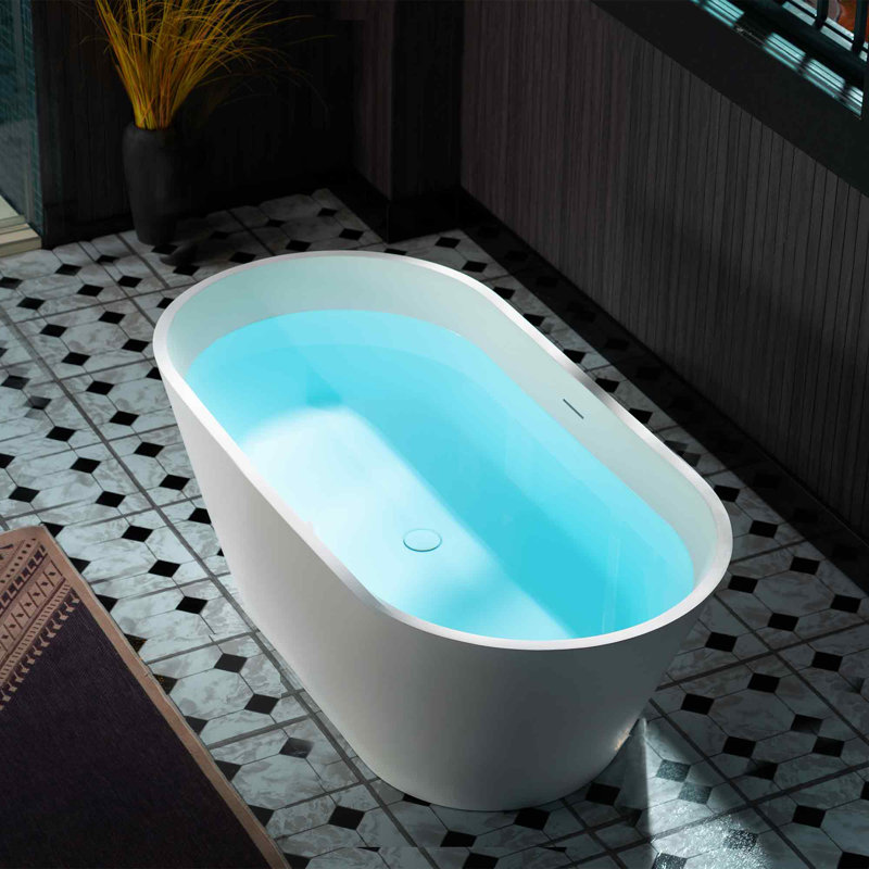 Cove WOODBRIDGE 59" L x 29-7/8" W Luxury Contemporary Solid Surface Stone Resin Freestanding Bathtub in Matte White