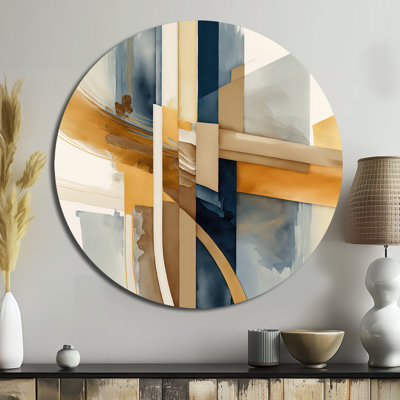 Modern Blue And Gold Abstract I - Abstract Round Metal Art