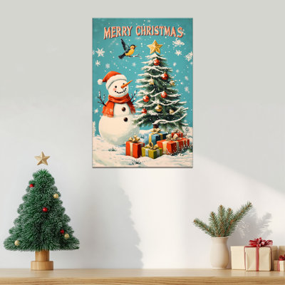 Toile, art de Noël rétro, bonhomme de neige, arbre de Noël, reproduction d'art, impression de paysage d'hiver