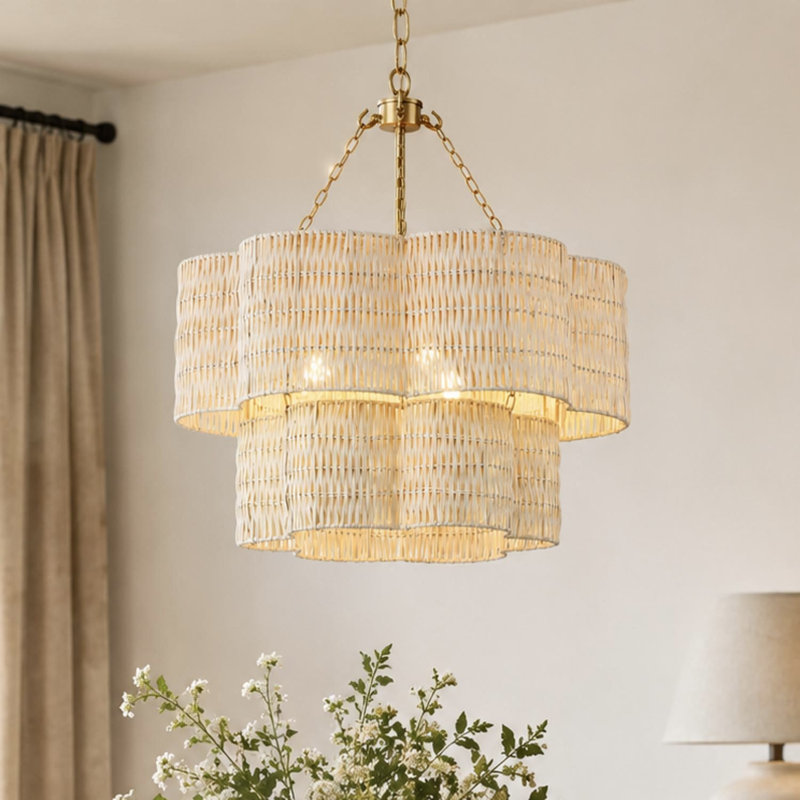 6-Light Scalloped Rattan Drum Chandelier, 2 Tiers
