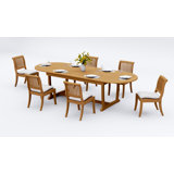 7 Pcs Grade-A Teak Wood Dining Set: 118" Double Extension Mas Oval Trestle Leg Table And 6 Arbor Stacking Armless Chairs #11AB2700