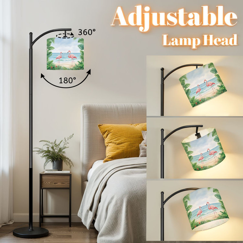 Lampe sur pied à arc avec flamants roses, plage, plantes tropicales, vue sur l'océan, lampe pour la chambre à coucher à intensité variable avec télécommande et ampoule incluse