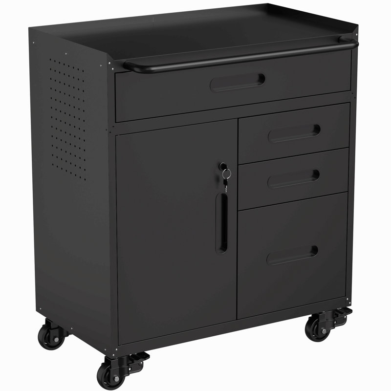 Armoire de rangement pour outils 34,3 "- Organisateur de garage avec compartiment verrouillable et 4 tiroirs, coffre en acier roulant pour atelier et garage