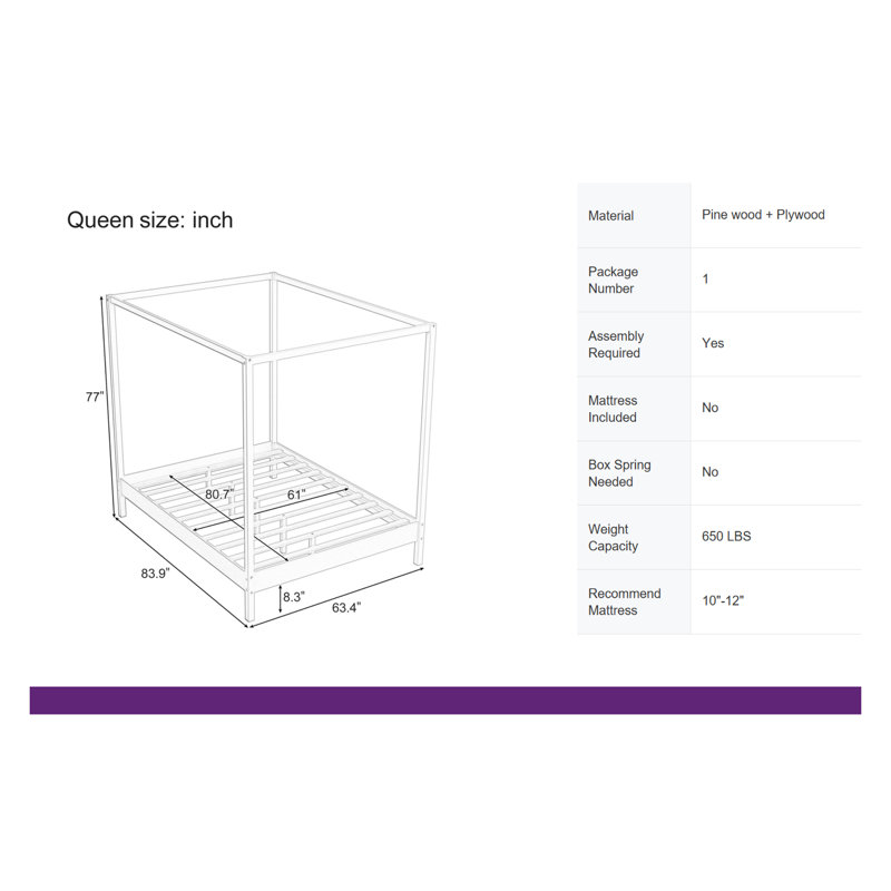 ?Elegant Canopy Bed Frame – 4-Poster Platform Bed with Slats, No Box Spring Needed?, Natural, Queen