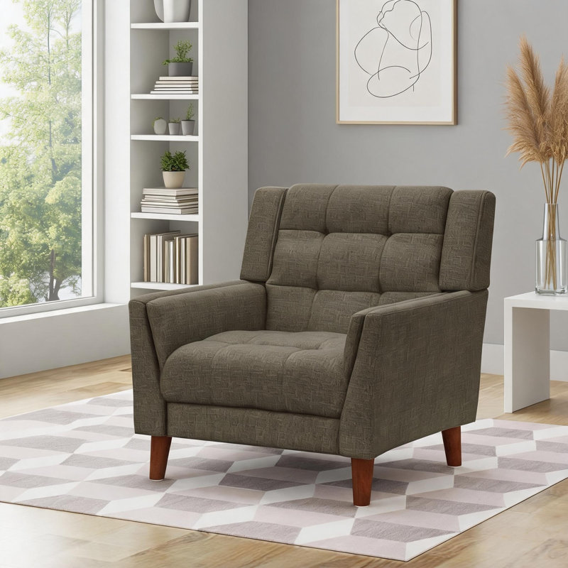 Fauteuil d'appoint Mid-Century moderne capitonné, pieds fuselés en bois, revêtement en tissu moelleux, brun riche