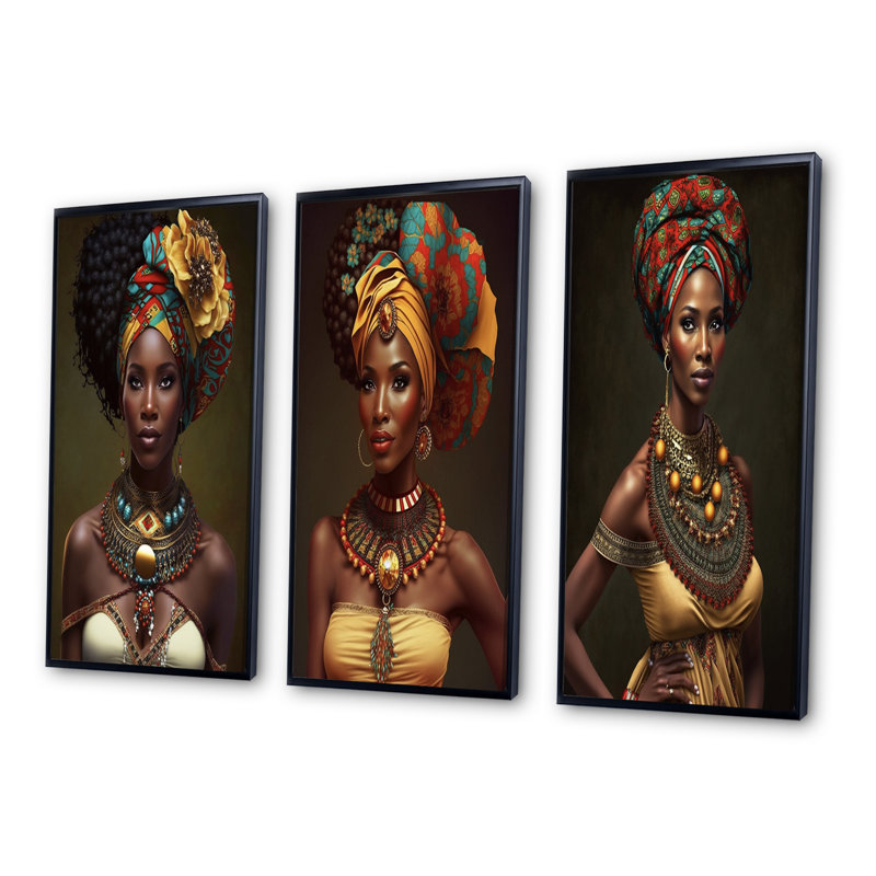 Contemporary Contemporary Beauty - Art africain-américain, ensemble de 3 pièces, Cadre flottant noir, H 32 po x l 48 po