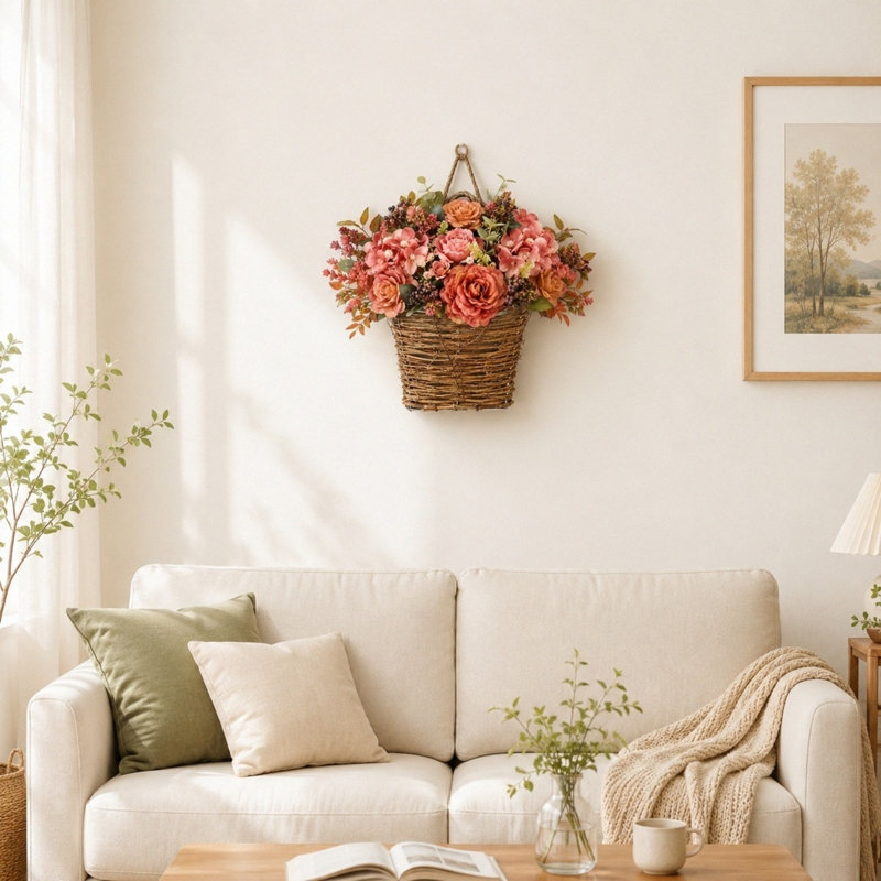 Arrangement floral rose rustique 13,4 po avec panier en rotin tissé à la main, décoration florale de table