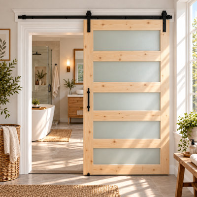 Porte de grange coulissante en verre noueux brut S&Z TOPHAND® 122 cm x 203 cm avec trousse de quincaillerie, 5 panneaux de verre trempé dépoli, assemblage facile à faire soi-même