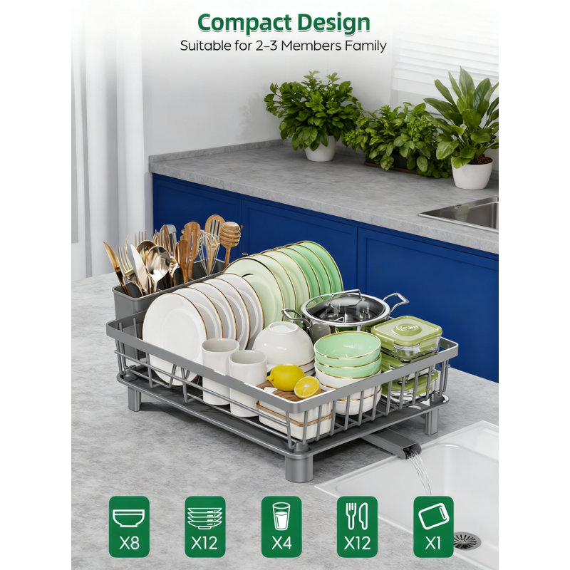 Stainless Steel Dish Drying Rack With Drainboard, Space Saving Dish Rack With Smart Drainage System And Cutlery Holder For Kitchen Counter
