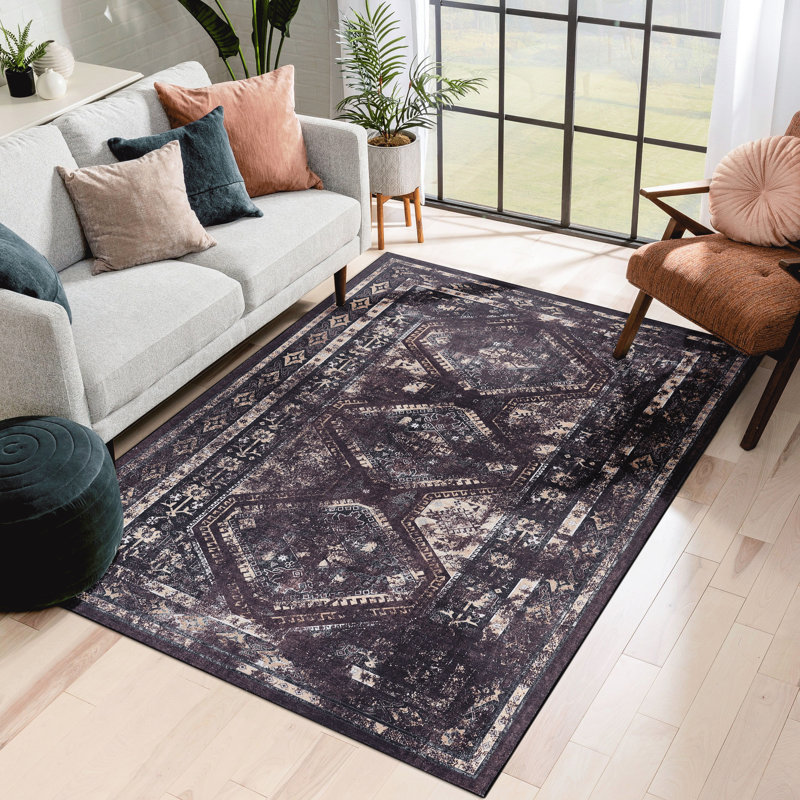 Washable 6X9 Area Rug, Low-Pile Non-Slip. Elevates Kitchen Decor. Living Room, Bedroom, Kitchen, Dining Room. Non-Shedding, Foldable, Pet &  Black+Burgundy Ornaments