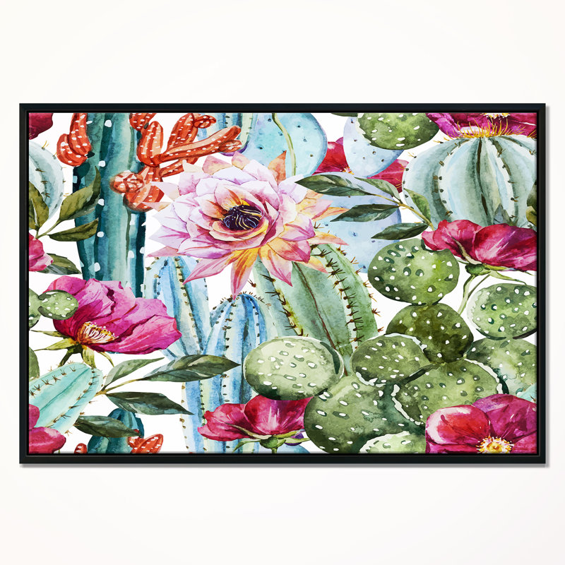 Motif de cactus - aquarelle, H 16 po x l 32 po x P 1 po, Toile avec cadre flottant