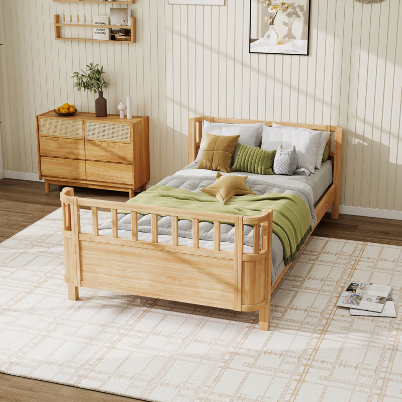 Twin Size Toddler Solid Wood Kids Bed With Safety Guardrails, Natural