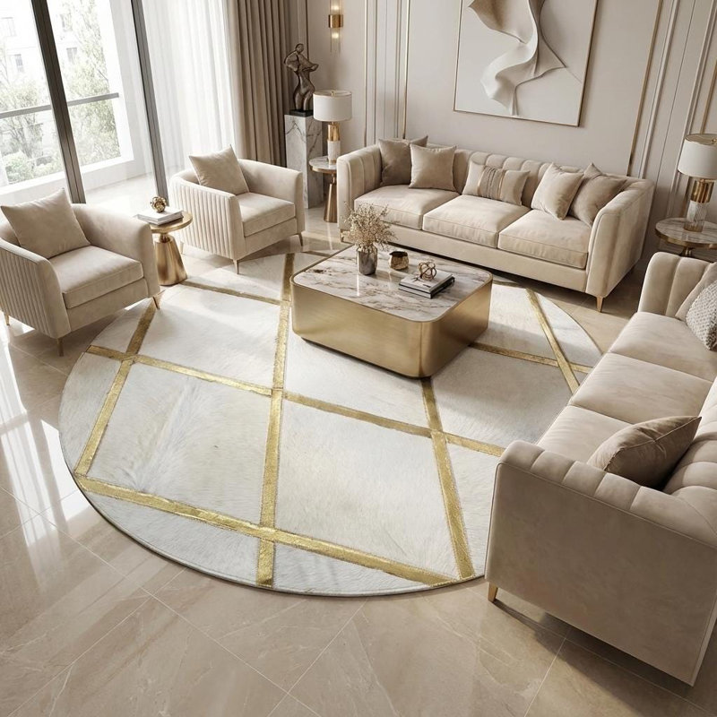 Tapis rond blanc et doré en fausse fourrure, tapis géométrique moelleux, Rectangle 6 pi x 6 pi