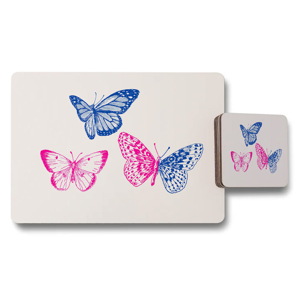 Butterfly Design Placemat And Coaster Set With Pink And Blue Butterflies