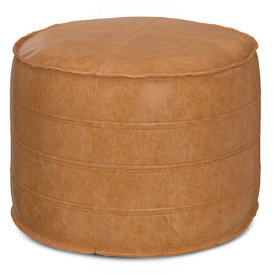 Brody 20 inch Wide Round Pouf in Distressed Brown Vegan Leather