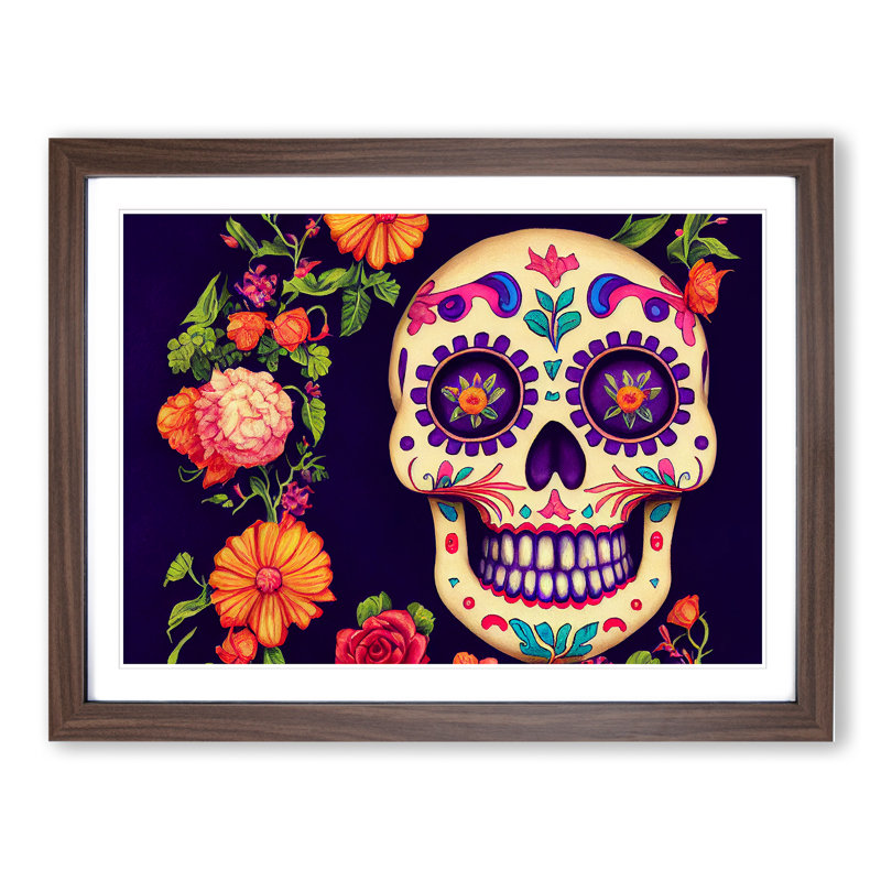Fancy Floral Sugar Skull - Single Picture Frame Print, 25cm H x 34cm W x 2cm D, Walnut Framed