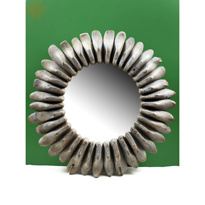 40" Large Vintage Wooden Shoes Design Mirror - Handcrafted Circular Rustic Wall Mirror for Entryway Living Room