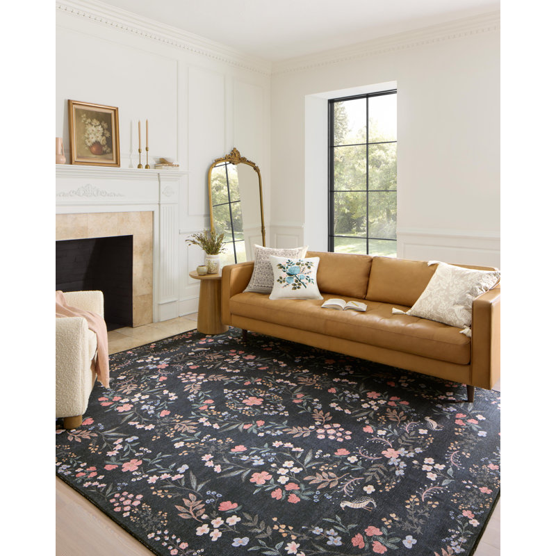 Botanical Elegance Fade-Resistant Black Wool Blend Area Rug