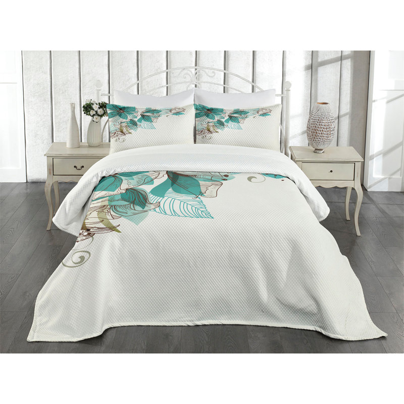 Ambesonne Retro Bedspread Flowers Buds Leaf, King Bedspread + 2 Standard Shams