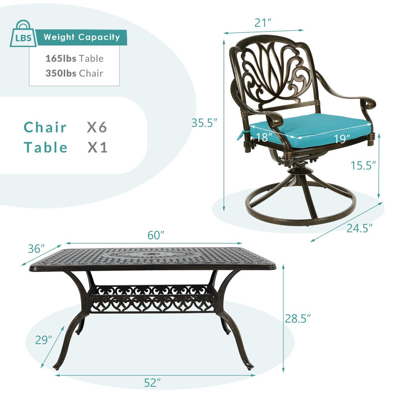 6 - Person Patio Dining Set with Rectangular Table , Cushions Included, Ocean Blue