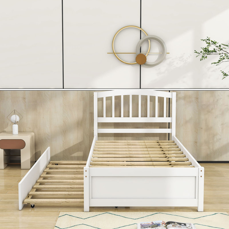Mashud Twin Size Wood Platform Bed Frame with Trundle, White