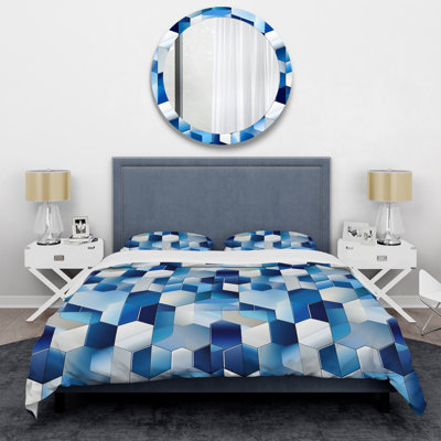 Ensemble de housse de couette géométrique Minimalist White and Blue Polygons Geometric III - Polyester