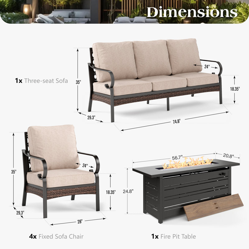 Ensemble de meubles d'extérieur pour 7 personnes avec coussins épais, Coussin beige / structure noire