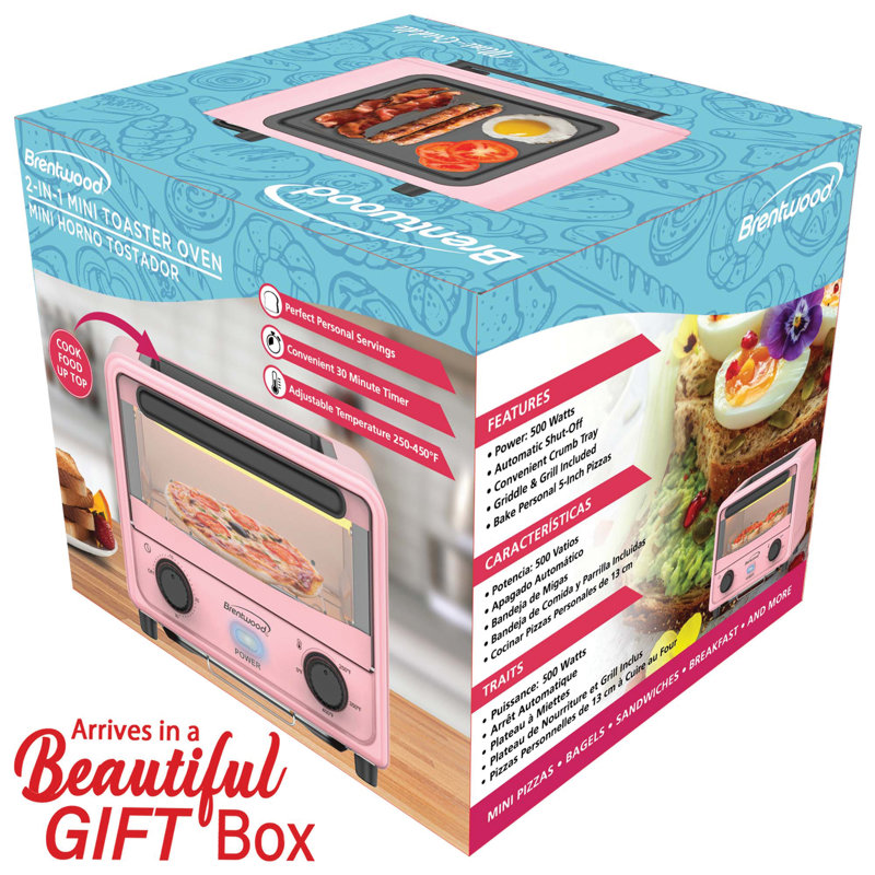Mini Toaster Oven with Removable Non-Stick Griddle, Pink