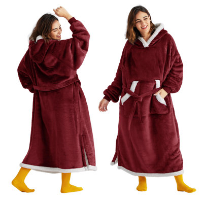 Burgundy wearable blanket hoodie with white sherpa fleece lining, waist tie, and pockets