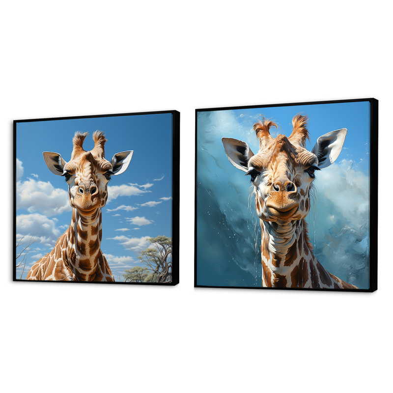 Ensemble de 2 collages carrés girafe brun, Cadre flottant noir, H 16 po x l 33 po