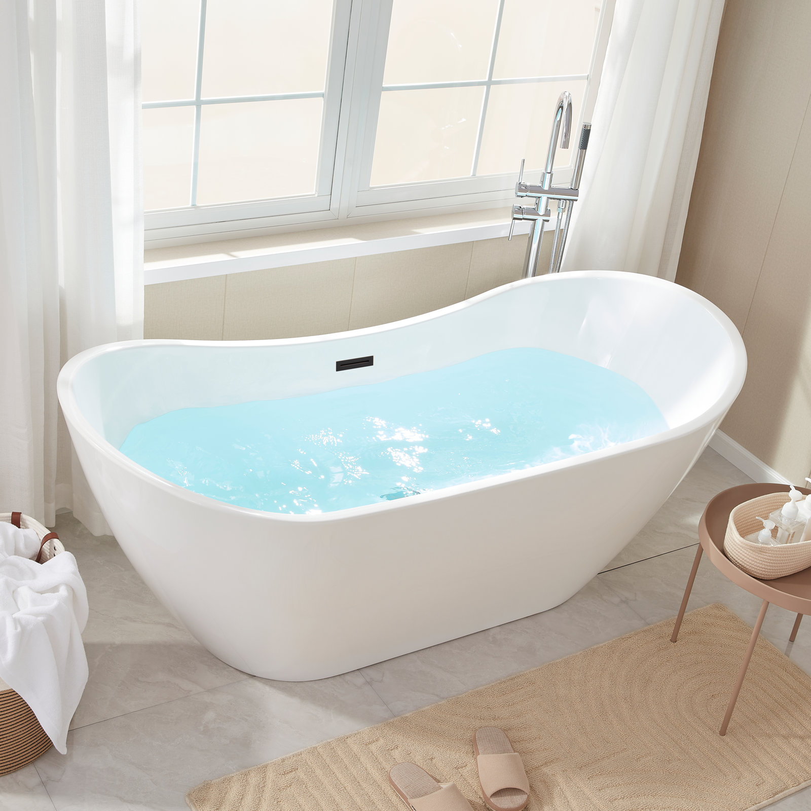 Ophelia 71" Freestanding Soaking Acrylic Bathtub, White/Matte Black