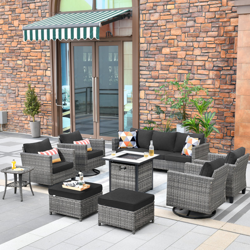 Harbin 7-Person Wicker/Rattan Patio Conversation Set With Cushions With Fire Pit, Black