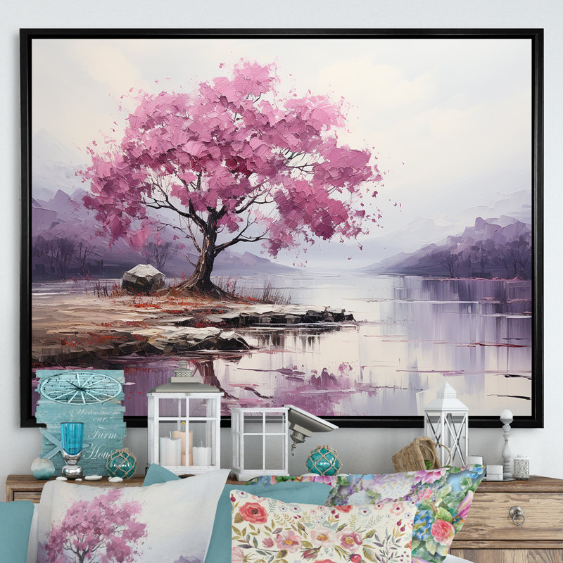 Fleur de cerisier mauve au bord du lac II - Art mural cerisier en fleurs, Cadre flottant noir, H 34 po x l 44 po x P 1,5 po