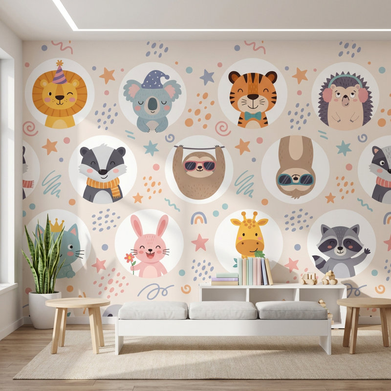 Caricature d'animaux fantaisistes de dessin animé, 140" x 108", Non tissé non collé
