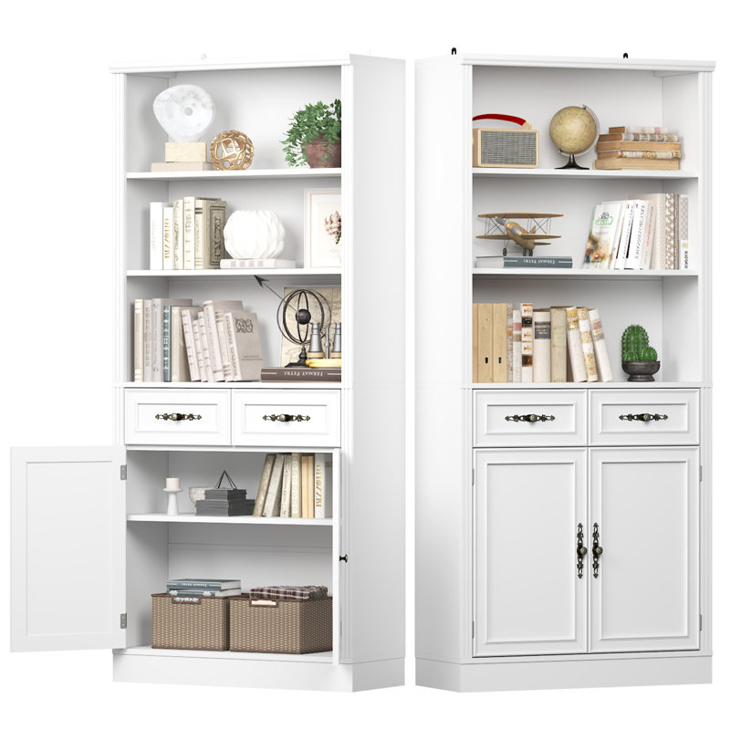 71.4" Tall Modern Bookcase with 2 Doors and 2 Drawers, Book Cabinet Storage with Vintage Handles for Living Room, Bedroom, Home Office