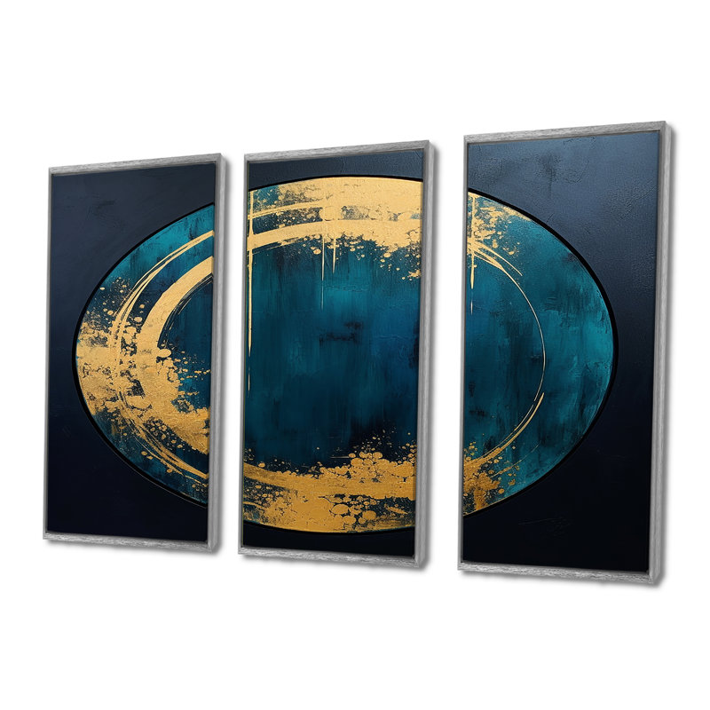 Pleine lune, gloire, or, bleu marine, ensemble d'art mural minimalisme, Encadrement argenté, H 32 po x l 48 po x P 1 po