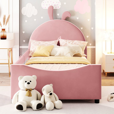 Lit de jour simple rembourré rose avec tête de lit adorable oreille de lapin - Structure stable